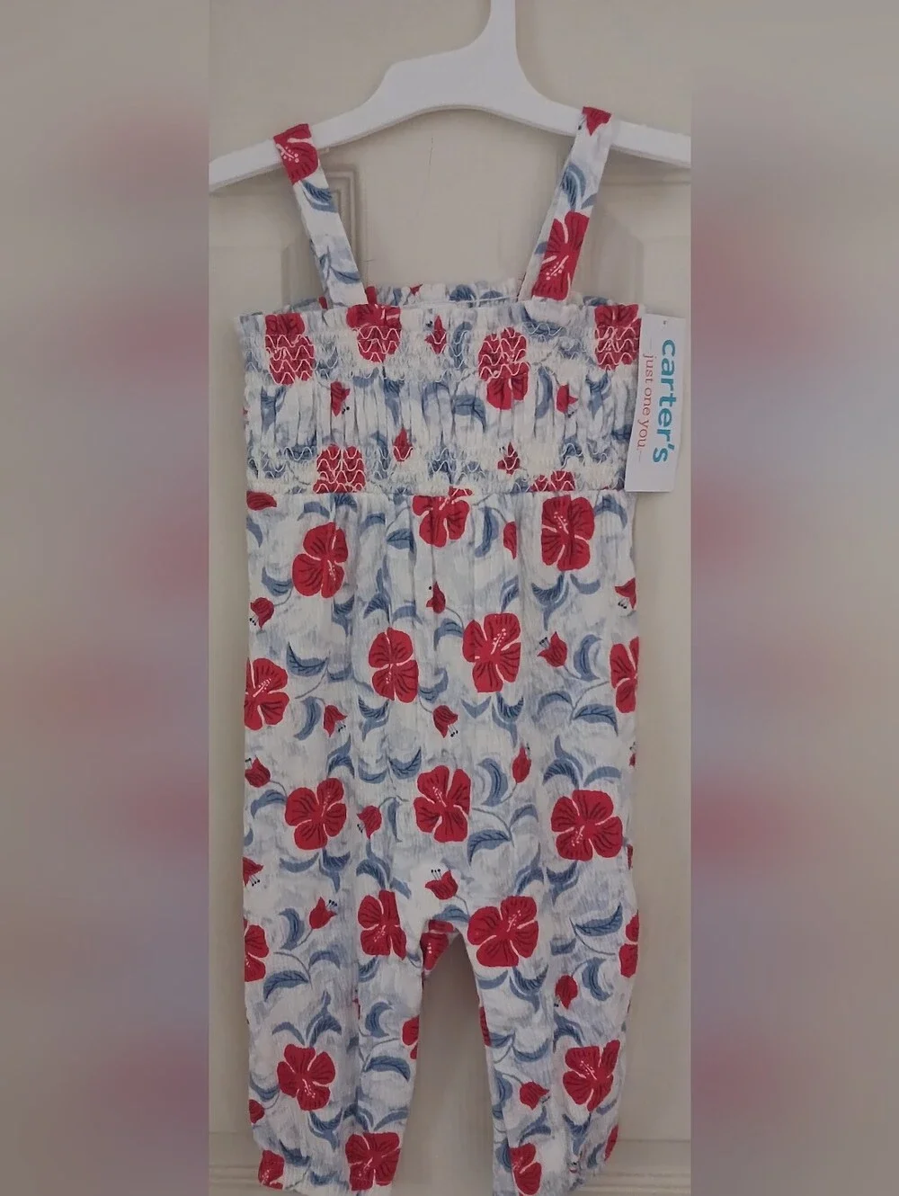 NWT Carter's White Sleeveless Floral Smocked Jumpsuit with Red and Blue Print